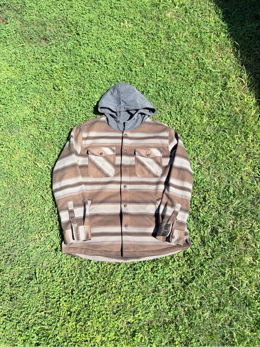 Quiksilver Men's Brown Striped Hooded Shirt Jacket with Gray Hood